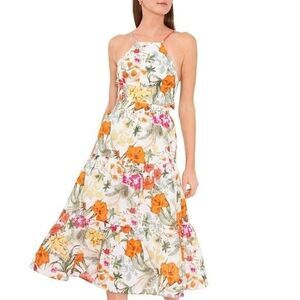 Chelsea & Violet Tropical Oasis Midi Dress Tiered Linen Blend Multicolor Size 10